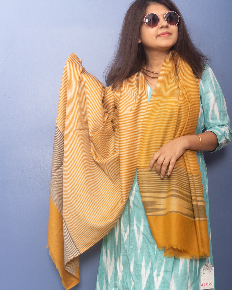 Mustard Yellow Color With Beige Stripe Woven Pashmina Stole