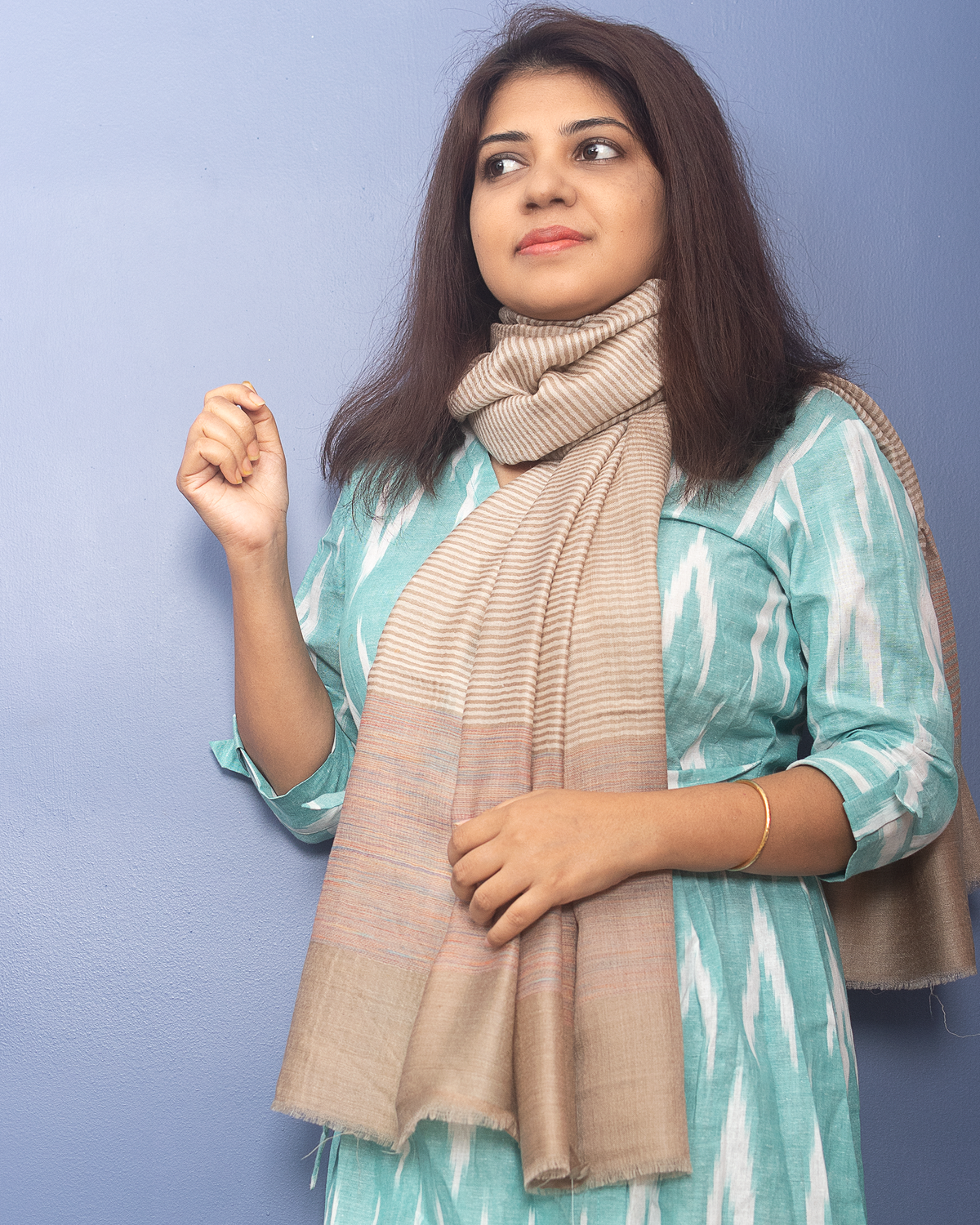 Natural Color With Brown Stripe Woven Pashmina Stole . — view 3