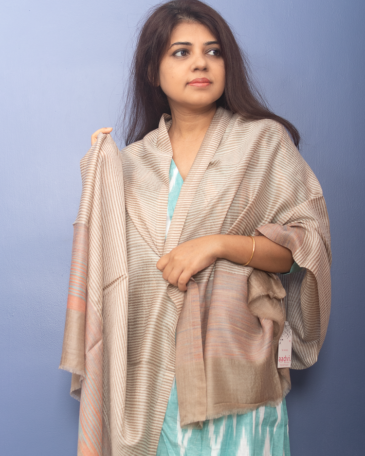 Natural Color With Brown Stripe Woven Pashmina Stole .