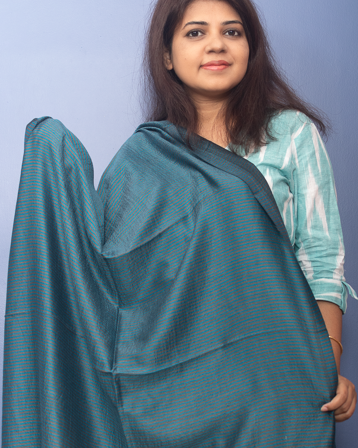 Aegean Blue Color With Black Stripe Woven Pashmina Stole — view 3