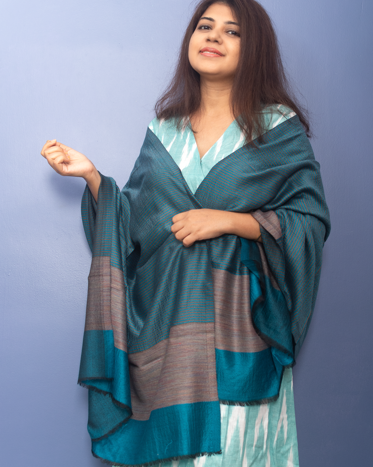 Aegean Blue Color With Black Stripe Woven Pashmina Stole — view 4