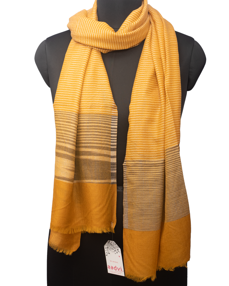 Mustard Yellow Color With Beige Stripe Woven Pashmina Stole