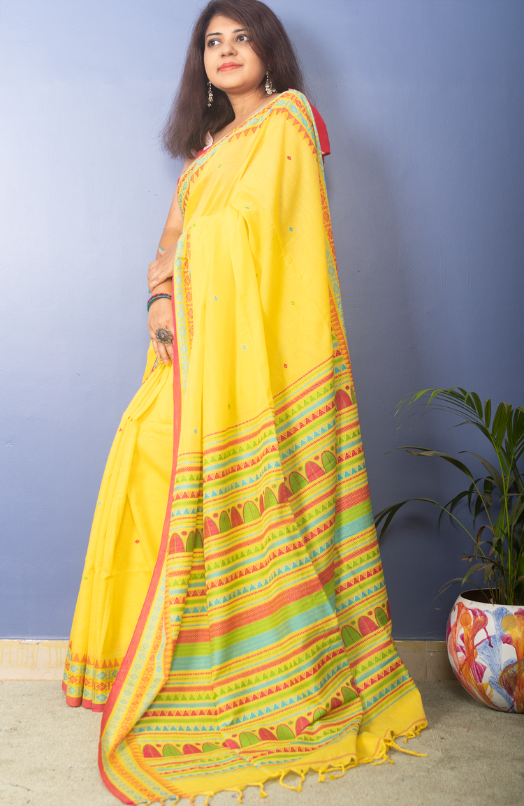 Yellow Handwoven Cotton Sari With Multicolor Woven Pallu