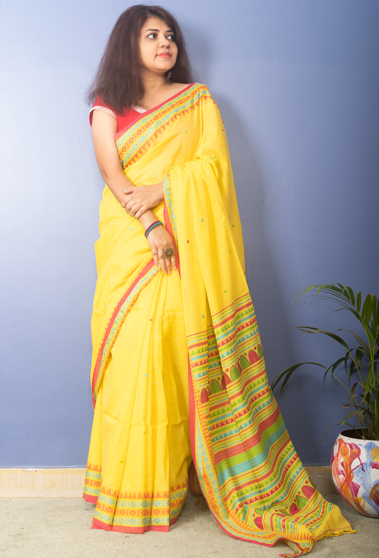 Yellow Handwoven Cotton Sari With Multicolor Woven Pallu