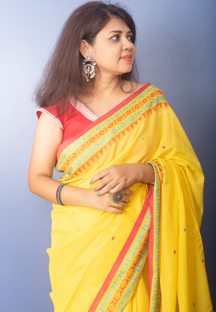 Yellow Handwoven Cotton Sari With Multicolor Woven Pallu