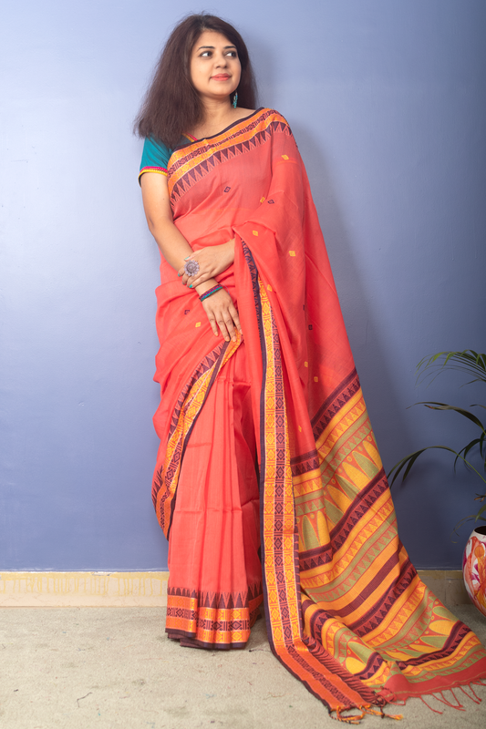 Coral Peach Handwoven Cotton Sari With Multicolor Woven Pallu