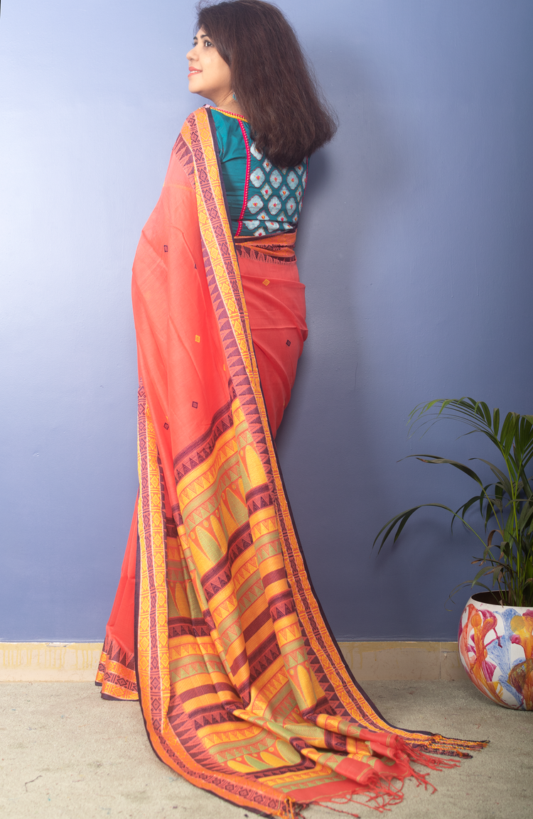 Coral Peach Handwoven Cotton Sari With Multicolor Woven Pallu