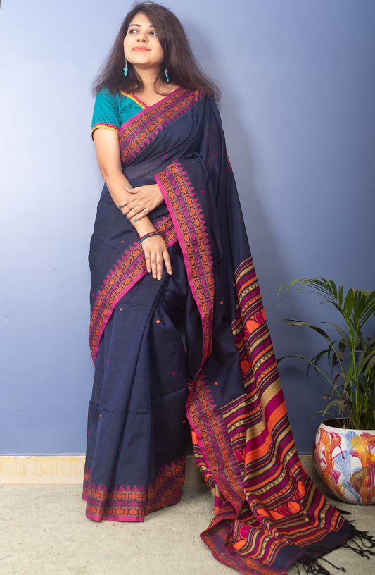 Navy Blue Handwoven Cotton Sari With Multicolor Woven Pallu