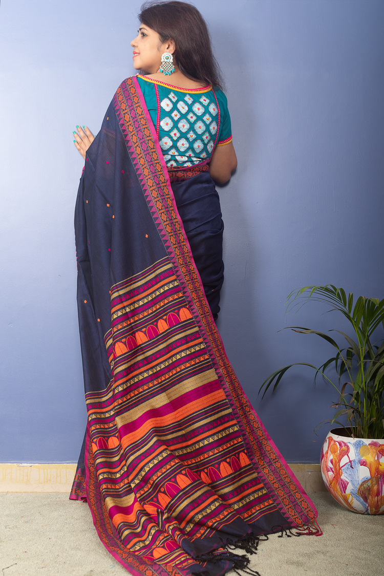 Navy Blue Handwoven Cotton Sari With Multicolor Woven Pallu