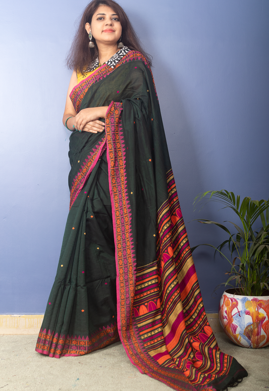 Dark Green Handwoven Cotton Sari With Dhanikhali Woven Pallu