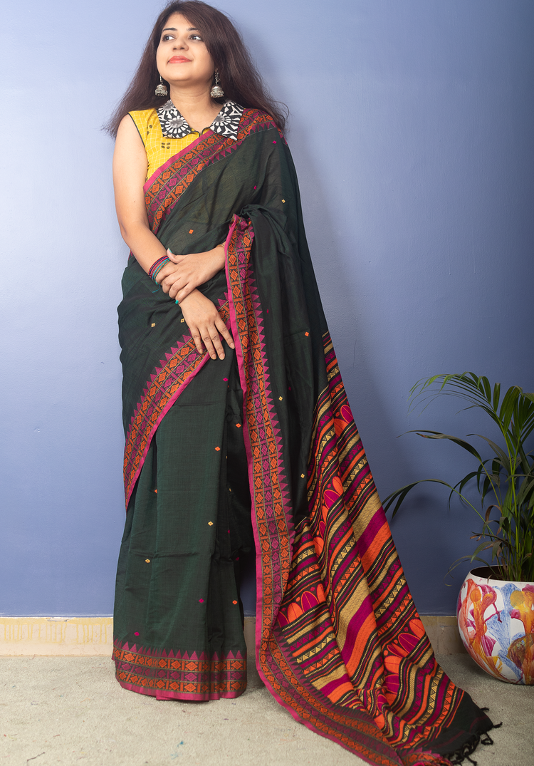 Dark Green Handwoven Cotton Sari With Dhanikhali Woven Pallu