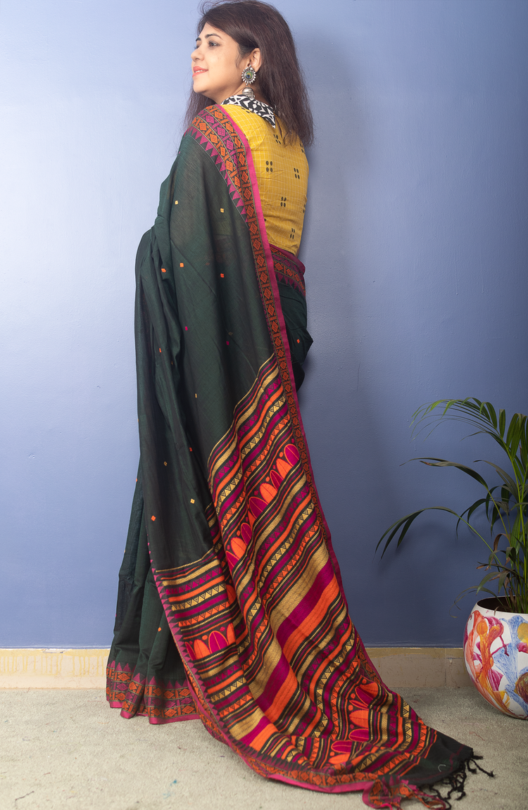 Dark Green Handwoven Cotton Sari With Multicolor Woven Pallu