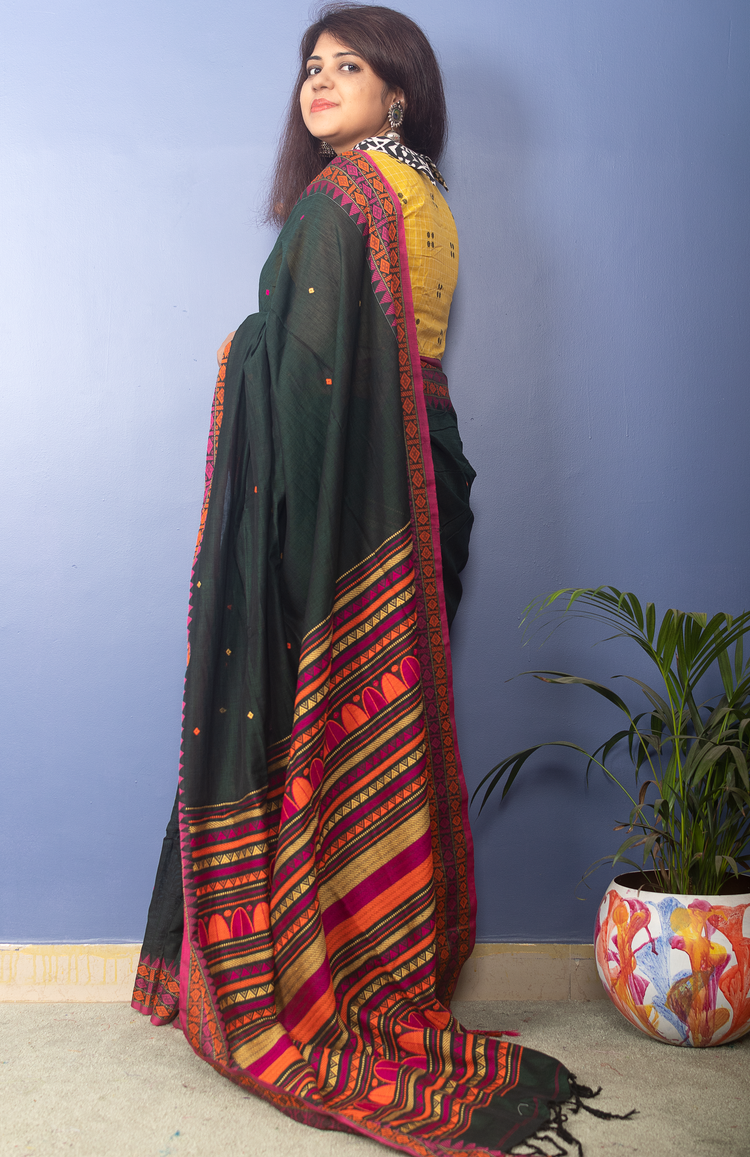 Dark Green Handwoven Cotton Sari With Multicolor Woven Pallu