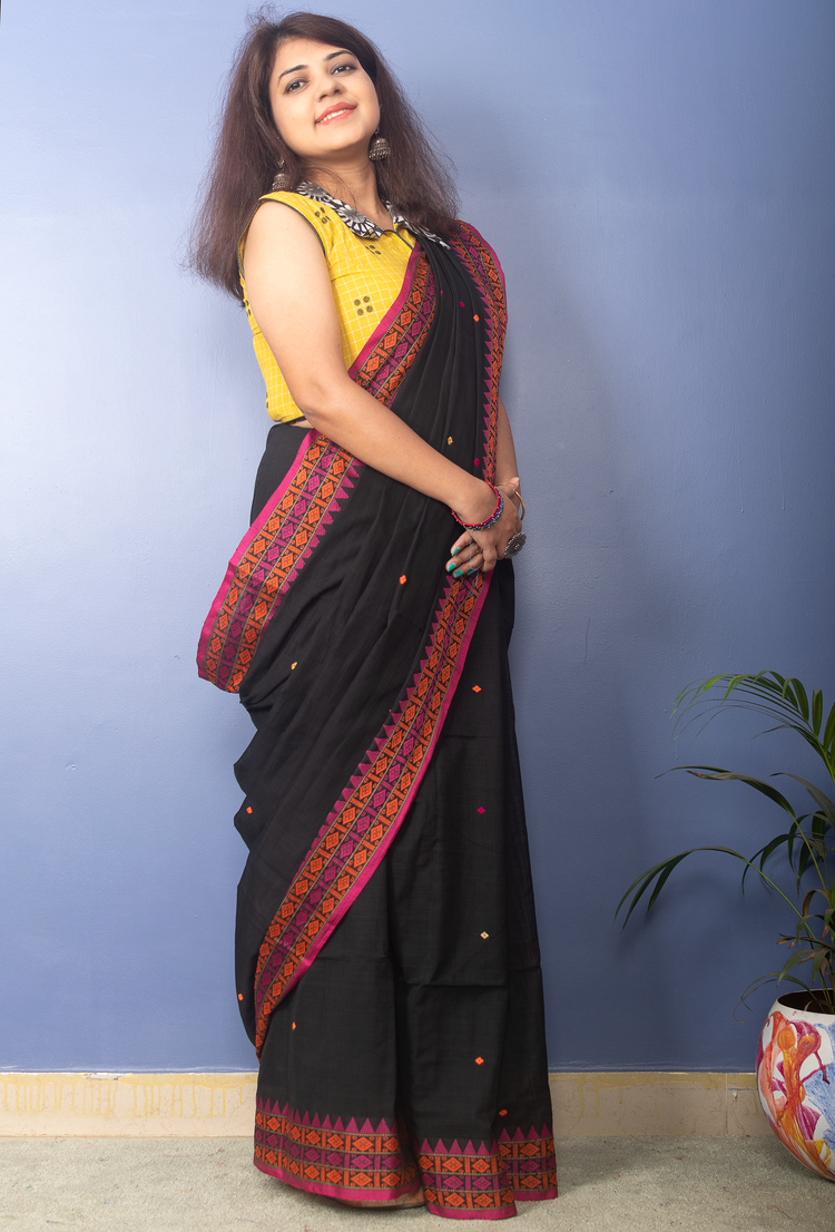 Black Handwoven Cotton Sari With Multicolor Woven Pallu