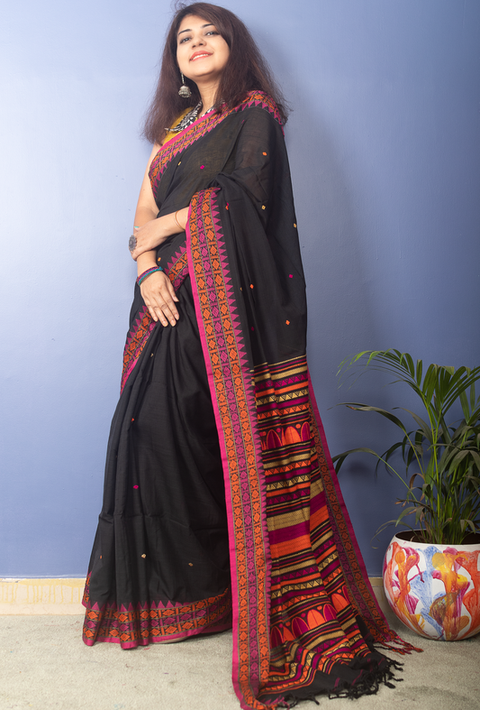 Black Handwoven Cotton Sari With Multicolor Woven Pallu