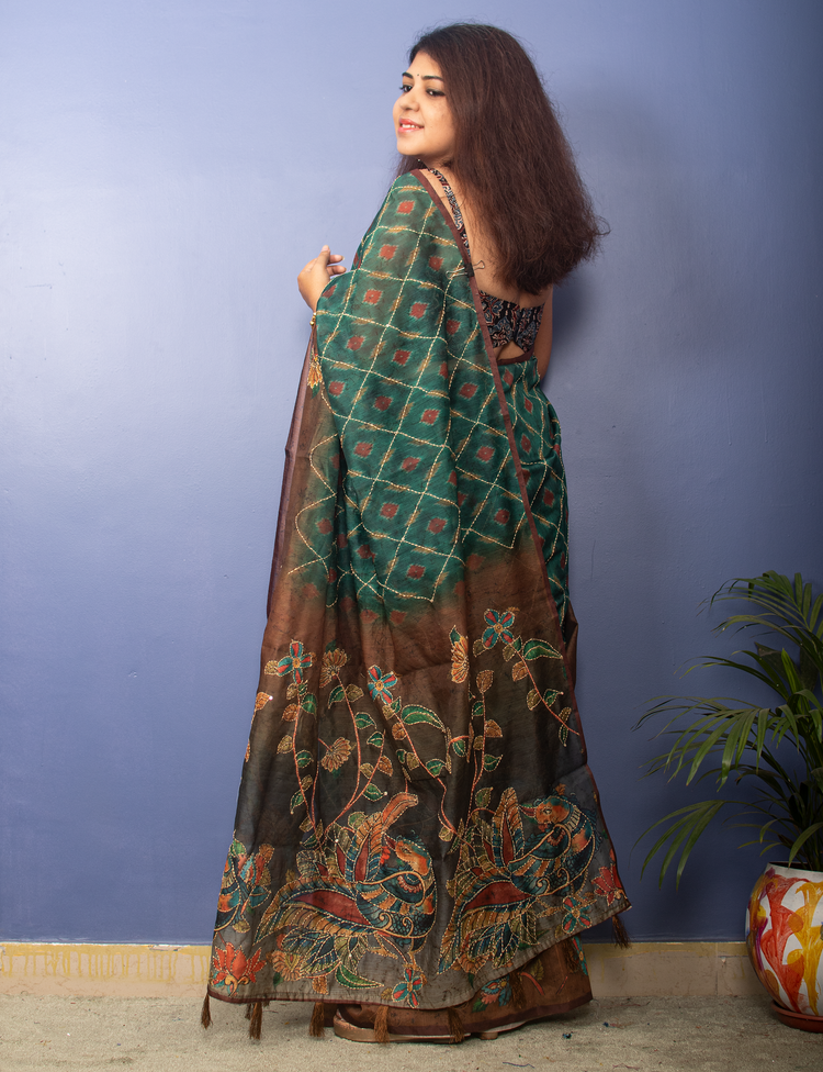 Sea Green Ikkat Printed Chanderi Sari With Kantha Stitch
