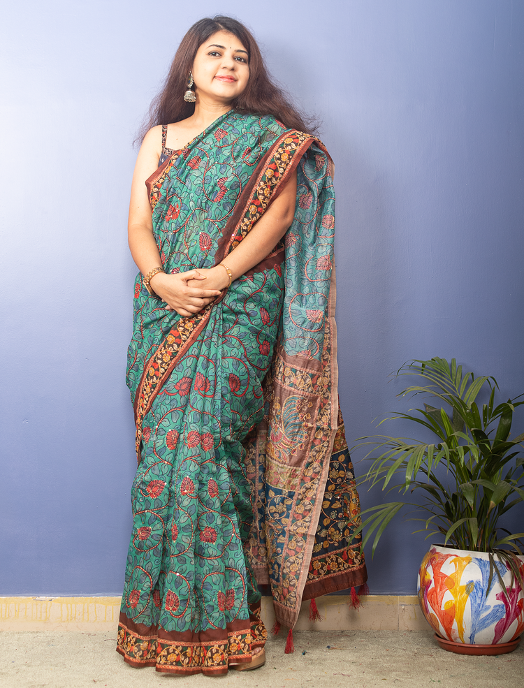 Mint Color Chanderi Kalamkari With Kantha Stitch
