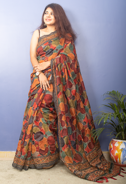 MultiColor Chanderi Block Printed Sari With Kantha Stitch