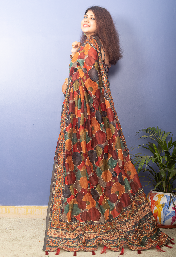 MultiColor Chanderi Block Printed Sari With Kantha Stitch