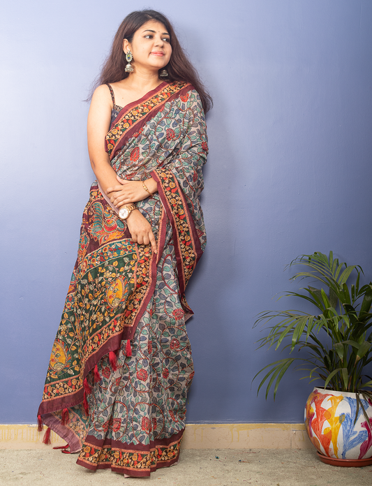 Grey Chanderi Kalamkari With Kantha Stitch