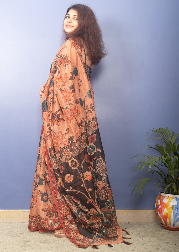 Coral Floral Printed Chanderi With Kantha Stitch