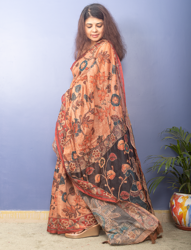Coral Floral Printed Chanderi With Kantha Stitch