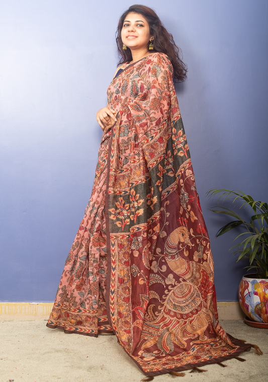 Salmon Color Kalamkari Chanderi With Kantha Stitch