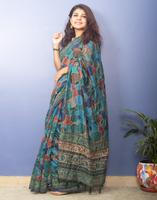 Blue Tone MultiColor Chanderi Sari With Kantha Stitch