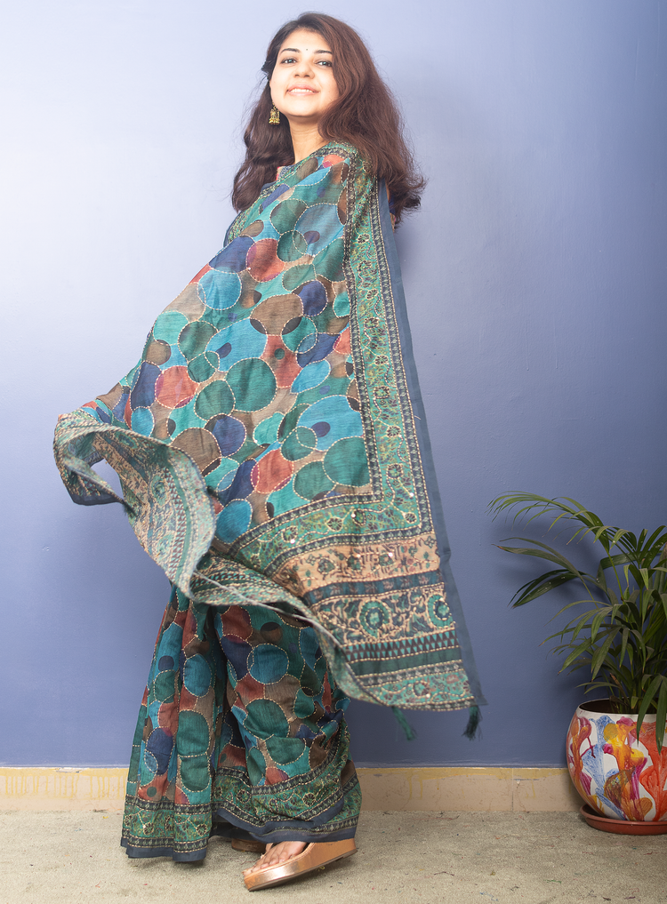 Blue Tone MultiColor Chanderi Sari With Kantha Stitch