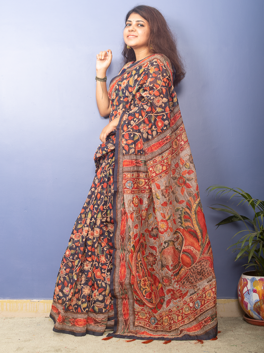 Navy Blue Kalamkari Printed Chanderi Sari With Kantha Stitch