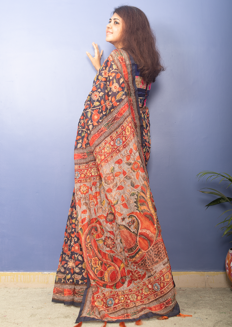 Navy Blue Kalamkari Printed Chanderi Sari With Kantha Stitch