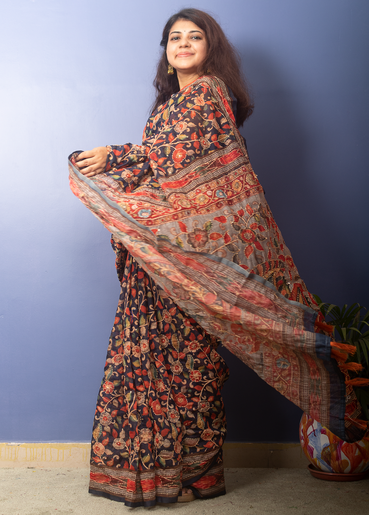 Navy Blue Kalamkari Printed Chanderi Sari With Kantha Stitch