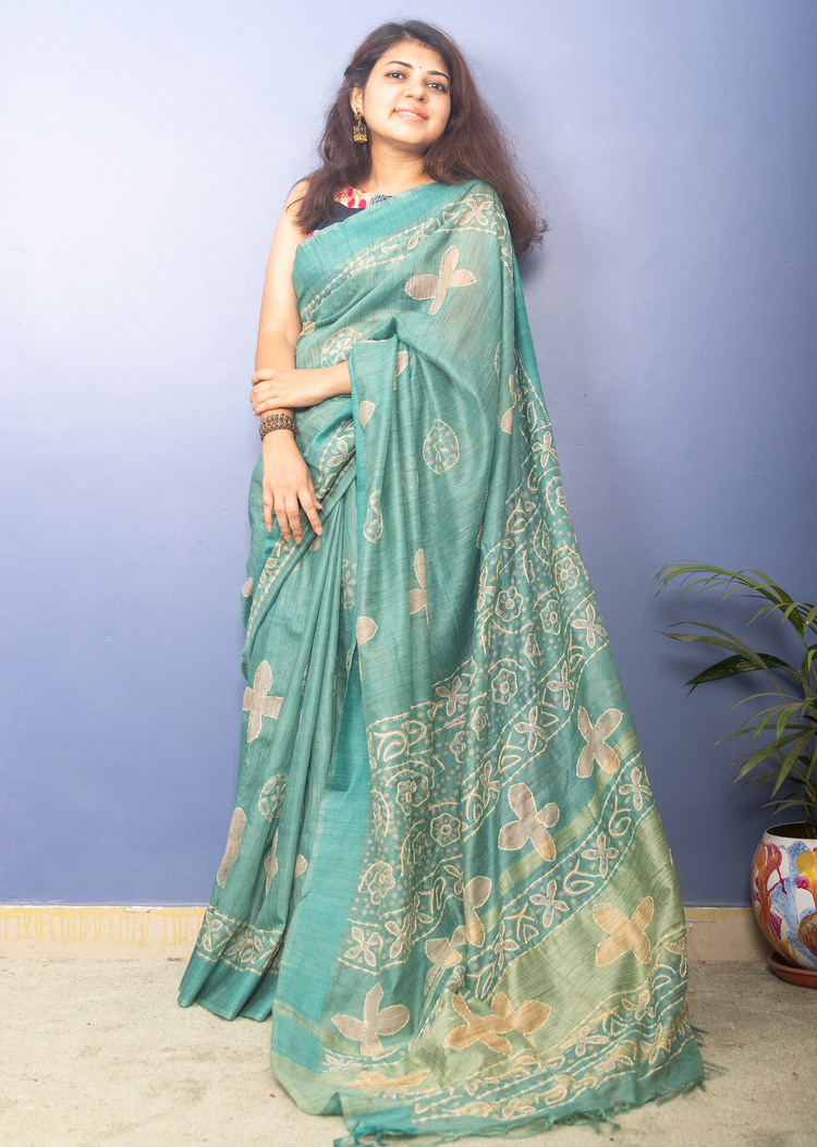 Mint Blue Block Printed Chanderi Sari With Kantha Stitch