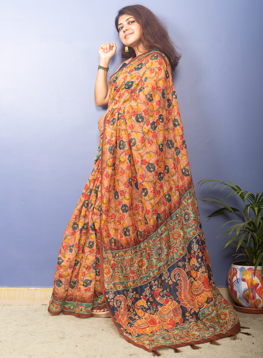 Apricot Kalamkari Printed Chanderi Sari With Kantha Stitch