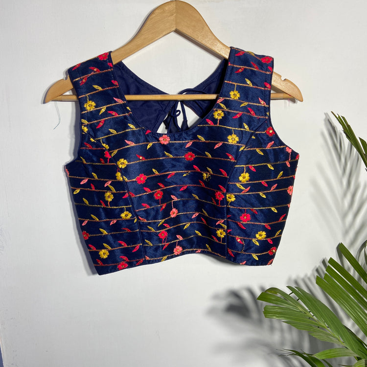 Navy Blue Blouse With Multi Colour Embroidery