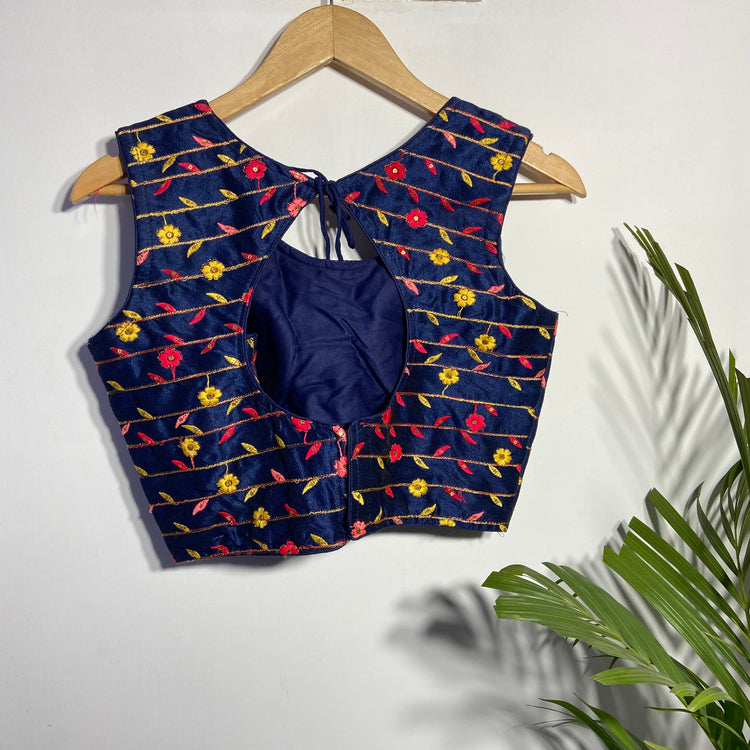 Navy Blue Blouse With Multi Colour Embroidery