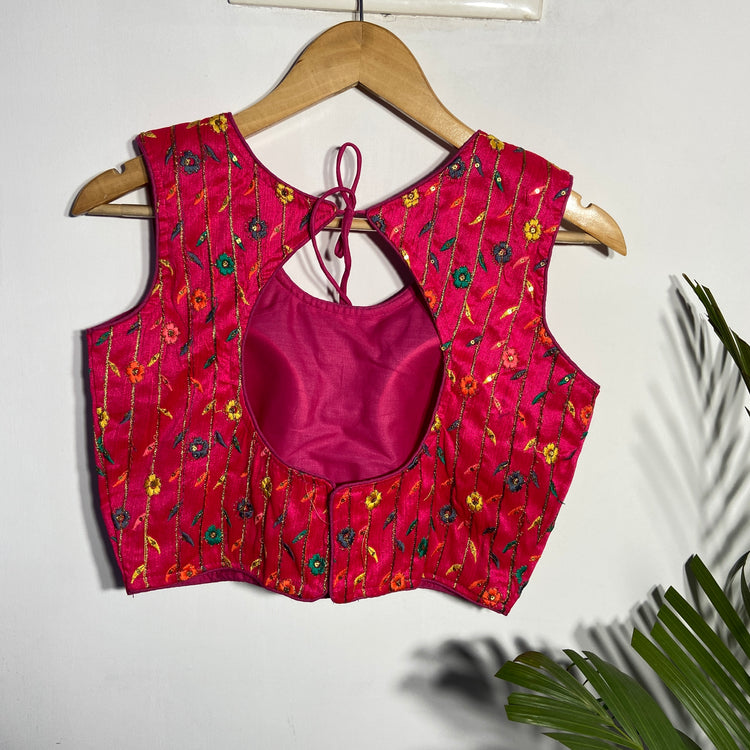 Ruby Pink Blouse With Multi Colour Embroidery
