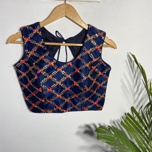 Navy Blue Blouse With Multi Colour Embroidery