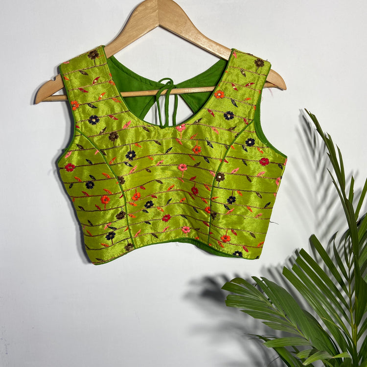Parrot Green Blouse With Multi Colour Embroidery