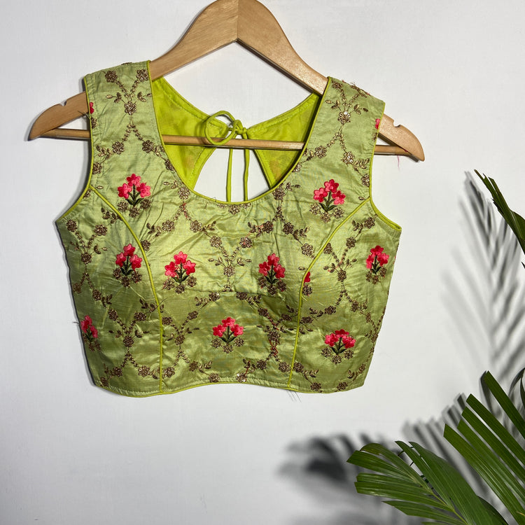 Pista Green Blouse With Multi-Thread Floral Embroidery