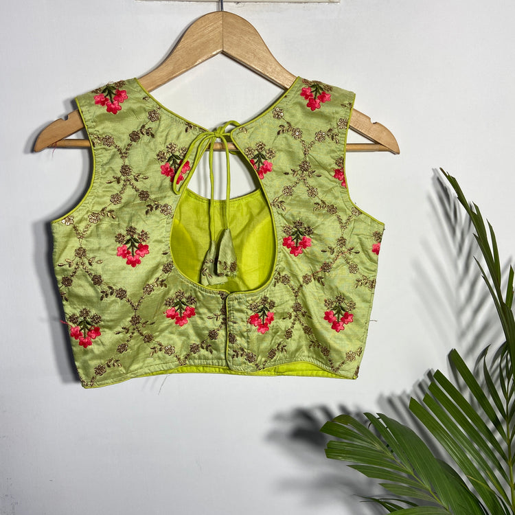 Pista Green Blouse With Multi-Thread Floral Embroidery