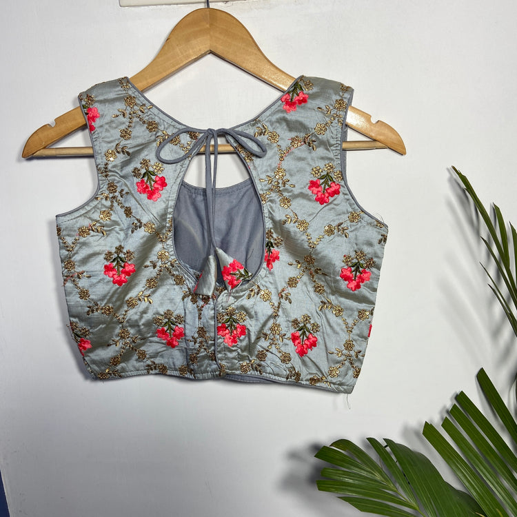Grey Blouse With Multi-Thread Floral Embroidery