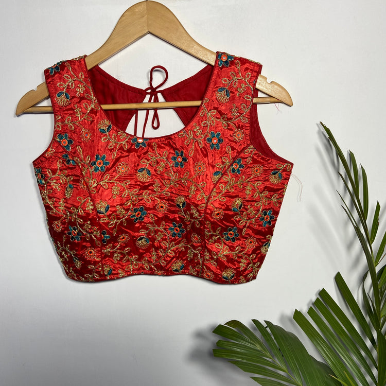 Red Blouse With Multi-Thread Floral Embroidery