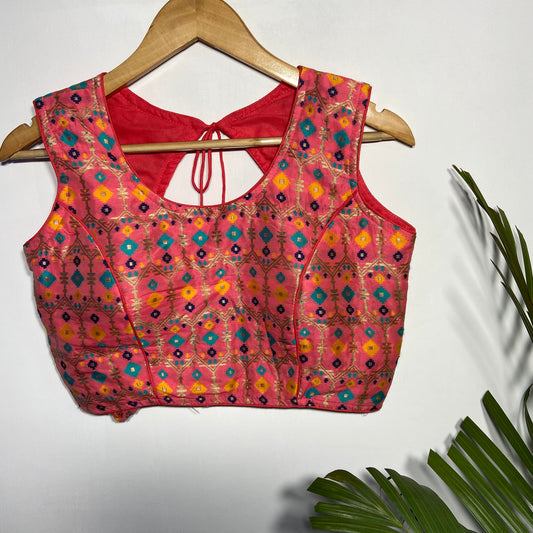 Multi Color Blouse on Peach Base Silk Fabric