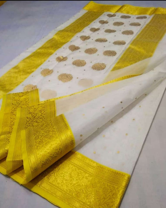 White Chanderi Handwoven Pure Silk by Silk Sari with Yellow Border