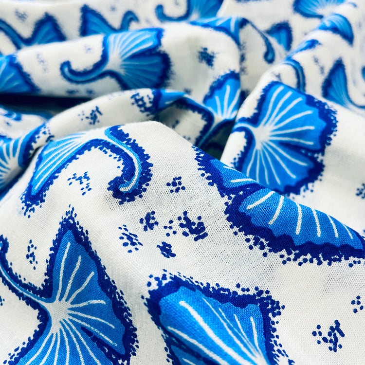 White Blue Floral Digital Print Cotton Fabric