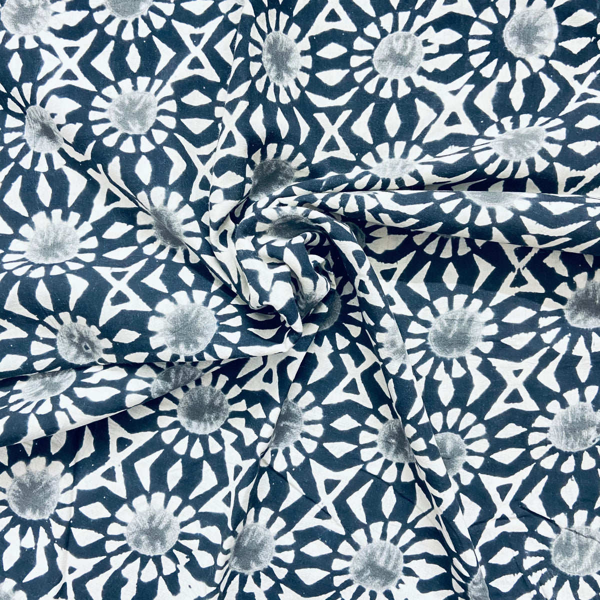Black White Floral Hand Block Print Cotton Fabric