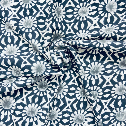 Black White Floral Hand Block Print Cotton Fabric