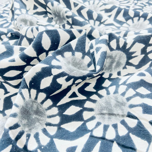 Black White Floral Hand Block Print Cotton Fabric