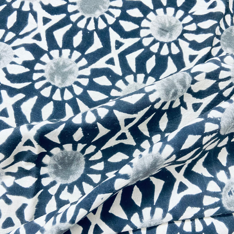 Black White Floral Hand Block Print Cotton Fabric